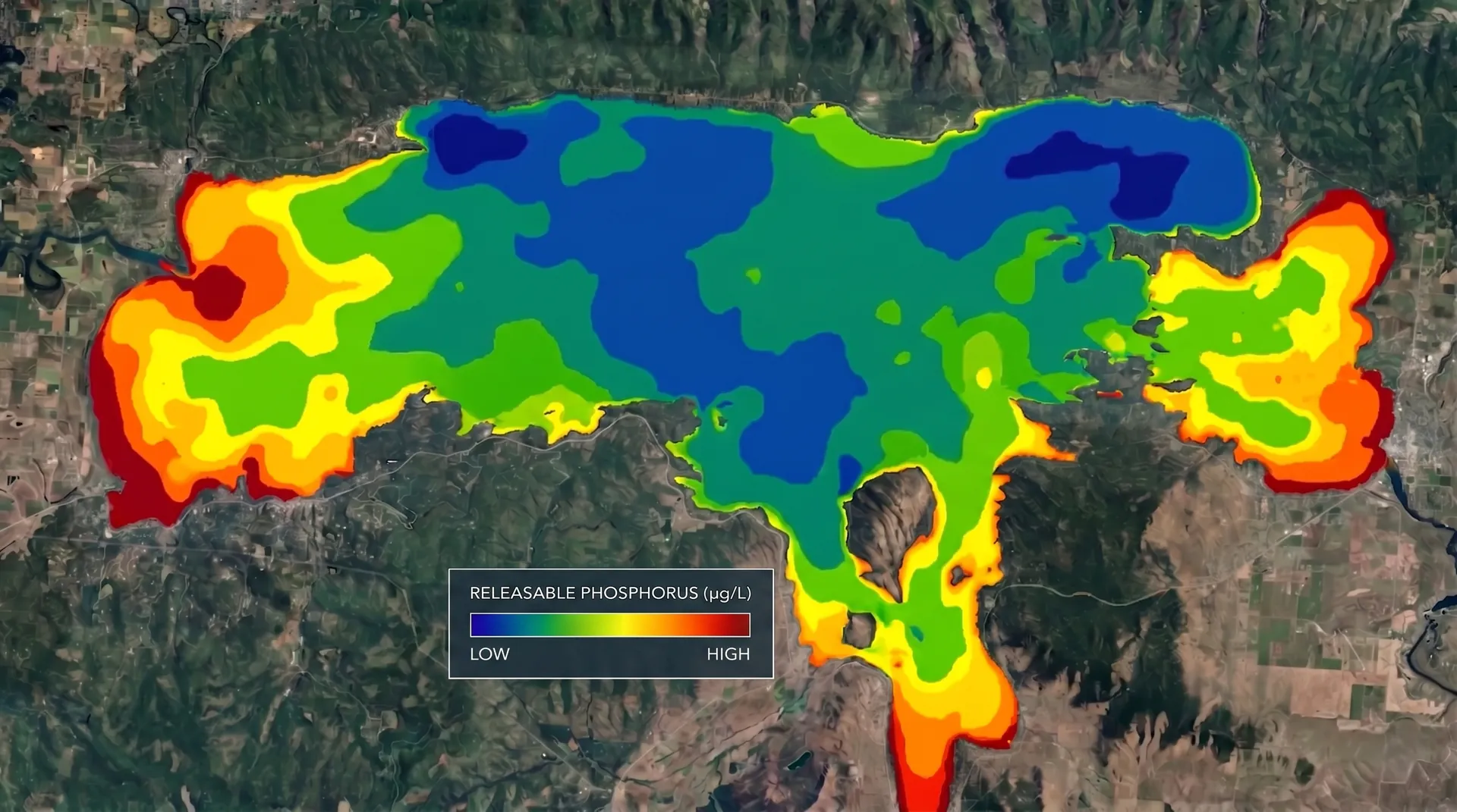 Releasable phosphorus heatmap over a lake